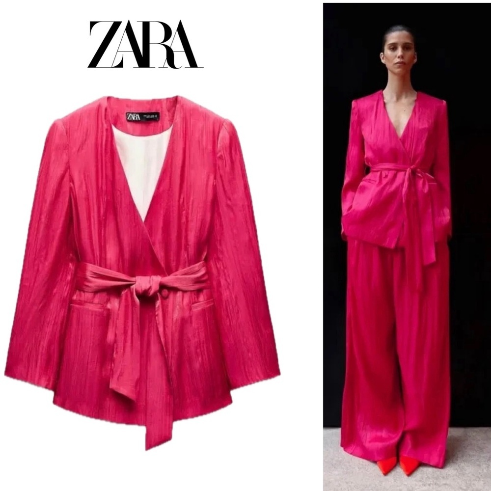 ZARA Women's Blazer Wrinkle Effect Belted fuchsia Hot Pink NWOT Sz L relaxed fit